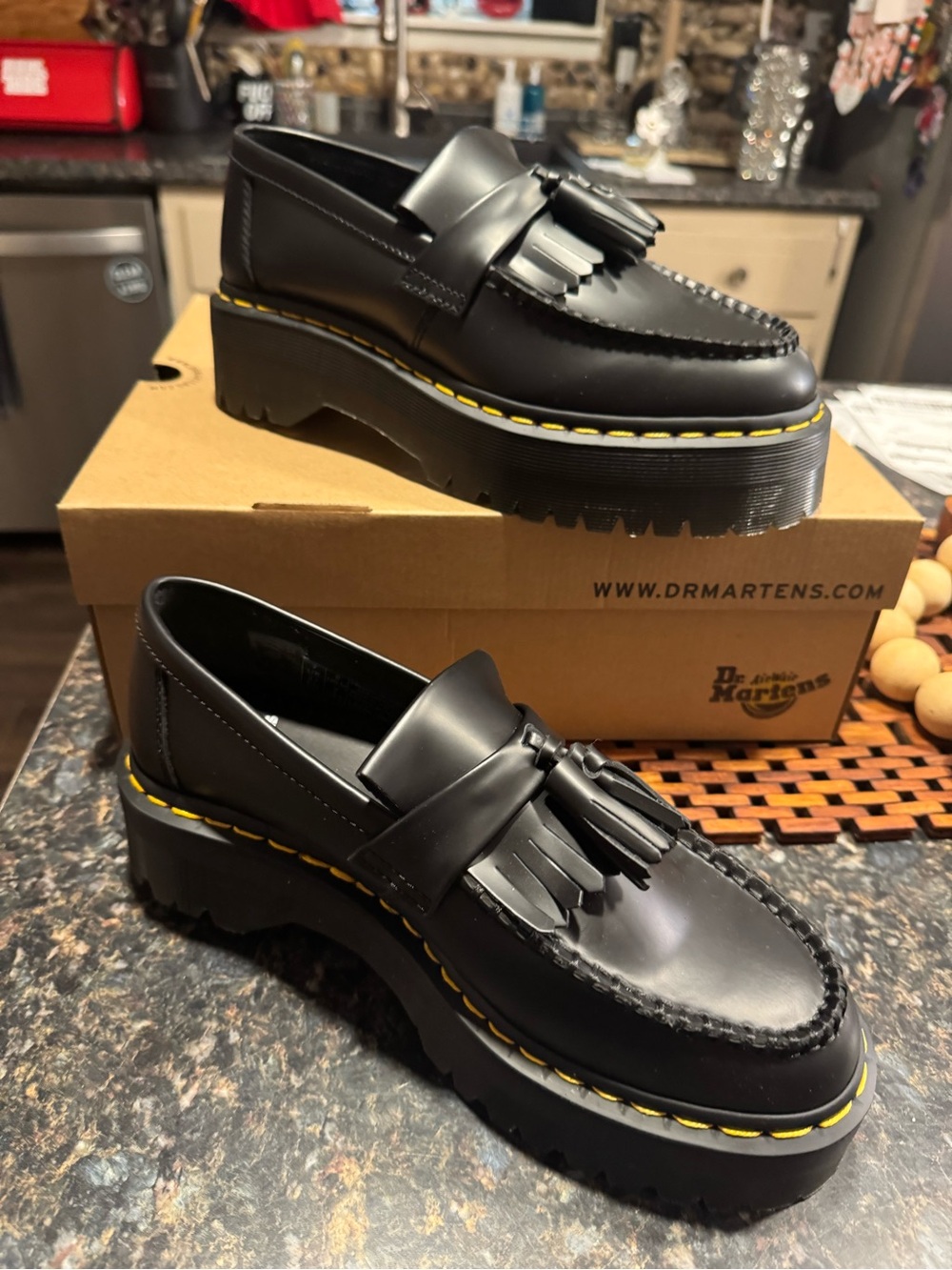 Dr. Martens Black Leather Tassel Platform Loafers with Yellow Stitching - Picture 4 of 7